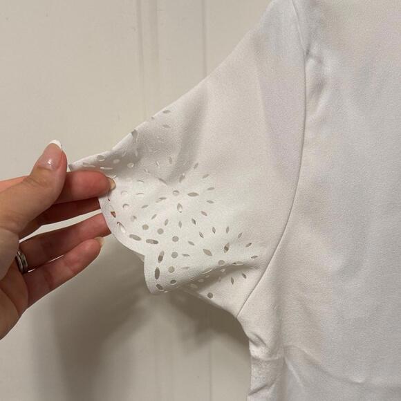 White Short Sleeve Top with Scalloped Laser Cut Edges - Picture 6 of 8
